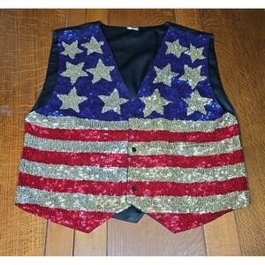 Ultra UNISEX American Flag Heavily Sequin Vest Large 4th of July Patriotic Vtg L